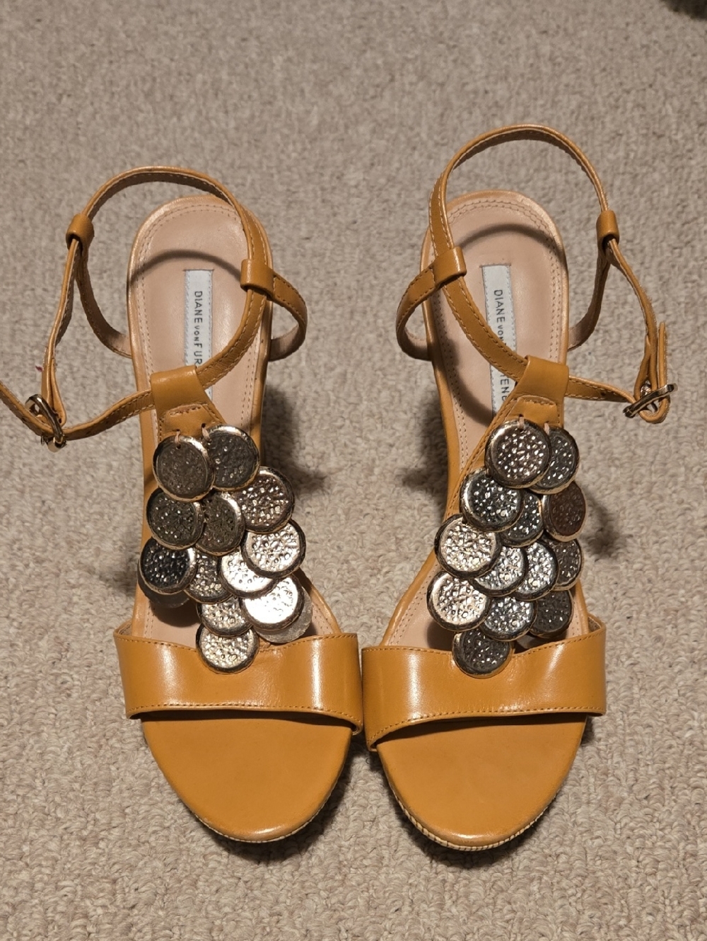 Diane Von Furstenberg Mustard Yellow Leather Coin-Embellished Sandals